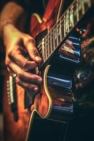 ai generativo fechar acima do guitarrista mão jogando acústico guitarra foto