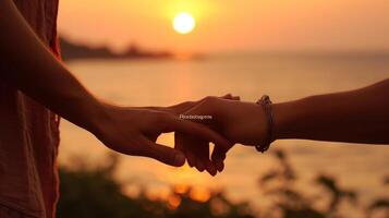 ai generativo fechar-se imagem do dois amantes segurando mãos às pôr do sol Confiar em amor relação e Apoio, suporte conceito foto