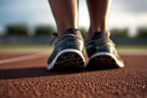 ai generativo fechar-se do homem tentando corrida sapatos masculino atleta corre em corrida rastrear dentro uma estádio esporte estilo de vida conceito foto