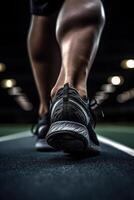 ai generativo fechar-se do homem tentando corrida sapatos masculino atleta corre em corrida rastrear dentro uma estádio esporte estilo de vida conceito foto