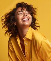 ai generativo fechar-se retrato do alegre engraçado jovem mulher com língua Fora dentro branco confortável roupas isolado em brilhante amarelo fundo foto