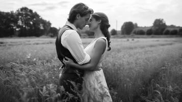 ai generativo casal dentro amor se beijando em pôr do sol namorado e namorada abraçando ao ar livre dois amantes tendo romântico encontro Preto e branco filtro amor fundo conceito foto