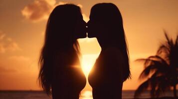 ai generativo casal dentro amor se beijando ao ar livre em uma branco fundo às pôr do sol foto