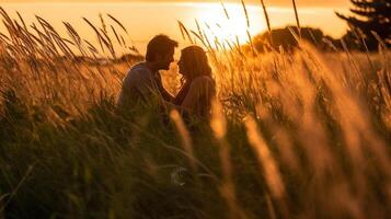 ai generativo casal dentro amor assistindo pôr do sol ao ar livre dentro uma trigo campo às verão borrado fundo foco em a Relva foto