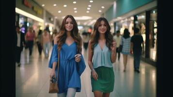 ai generativo casal do atraente caucasiano meninas fazendo compras junto elas estão segurando seus bolsas sorridente às a Câmera compras pessoas e estilo de vida conceito foto