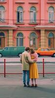 ai generativo casal do amantes tendo Diversão em cidade rua dentro frente do colorida edifícios amor e viagem conceito foto