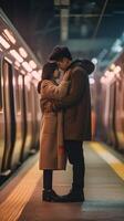 ai generativo casal do amantes é se beijando enquanto esperando a trem às a estação amor feriado transporte e estilo de vida conceito foto