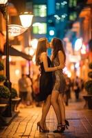 ai generativo casal do amantes se beijando em cidade rua dois turistas desfrutando romântico período de férias juntos namorado e namorada namoro lado de fora amor turismo e vida estilo conceito foto