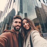 ai generativo casal do turista levando uma selfie dentro a cidade jovem pessoas tendo Diversão junto ao ar livre foto