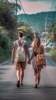 ai generativo casal verão período de férias viagem mulher caminhando segurando mão do marido Segue dela Visão a partir de atrás foto