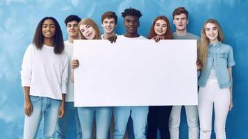 ai generativo diverso Faculdade alunos em pé juntos em uma azul parede foto retrato do multirracial adolescentes dentro frente do universidade construção vida estilo conceito com rapazes e meninas indo para