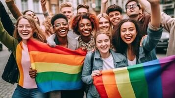 ai generativo diverso grupo do alegre jovem pessoas a comemorar gay orgulho dia lgbt comunidade conceito com rapazes e meninas abraçando juntos ao ar livre foto