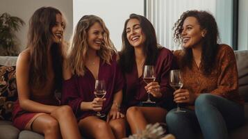 ai generativo diverso grupo do fêmea amigos desfrutando festa e rindo juntos mulheres amigos tendo Diversão às casa dançando em a sofá feliz estilo de vida e amizade conceito foto