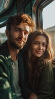 ai generativo animado casal sentado de a trem levando selfie desfrutando viagem foto