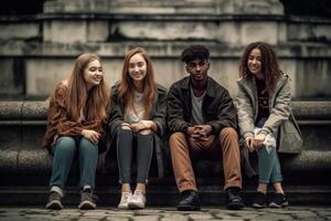 ai generativo quatro amigos sentado em uma parede e conversando depois de comprando apresenta pessoas com compras bolsas foto