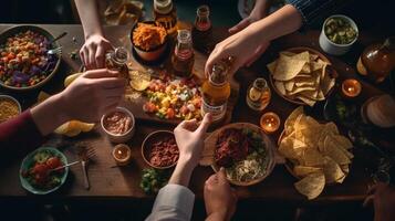 ai generativo amigos torcendo Cerveja óculos em de madeira mesa coberto com delicioso Comida topo Visão do pessoas tendo jantar festa às Barra restaurante Comida e bebida estilo de vida conceito foto