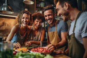 ai generativo grupo do caucasiano amigos tendo Diversão cozinhando junto massa e legumes foto