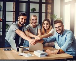 ai generativo grupo do o negócio pessoas trabalhando com computador e comunicando sentado às escritório escrivaninha juntos jovem criativo colegas de trabalho trabalho com Novo começar acima projeto foco em mãos foto