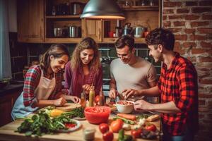 ai generativo grupo do caucasiano amigos tendo Diversão cozinhando junto massa e legumes foto