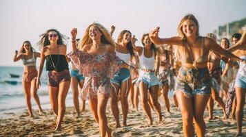 ai generativo grupo do dançando pessoas tendo Diversão às uma de praia festa dentro a verão jovem pessoas desfrutando vida foto