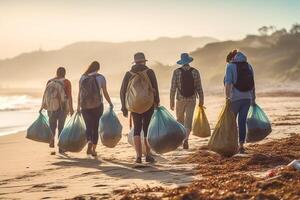 ai generativo grupo do eco voluntários colheita acima plástico Lixo em a de praia ativista pessoas colecionar lixo protegendo a planeta oceano poluição de Meio Ambiente conservação e ecologia concentrado foto