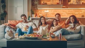 ai generativo grupo do amigos assistindo televisão e comendo pizza multirracial alegre jovem pessoas tendo final de semana casa festa juntos feliz alunos tendo Diversão dentro universidade quartos juventude estilo de vida foto