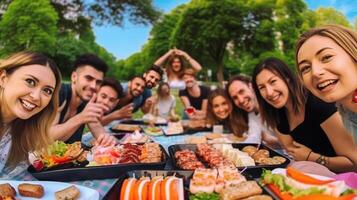 ai generativo grupo do feliz amigos levando selfie às churrasco ao ar livre jantar dentro jardim restaurante multirracial jovem pessoas comendo Comida e tendo Diversão às churrasco quintal casa festa juventude e frie foto