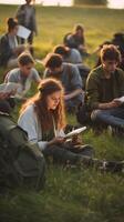 ai generativo grupo do multiétnico Faculdade alunos estudando sentado em a Relva feliz adolescentes tendo Diversão juntos às universidade campus acadêmico e Bolsa de estudos conceito foto