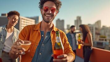 ai generativo grupo do multicultural amigos bebendo e brindar Cerveja às cervejaria Barra restaurante feliz pessoas tendo Diversão às telhado casa festa vívido cor filtro foto