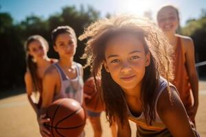 ai generativo grupo do multirracial feliz adolescentes jogando basquetebol ao ar livre caucasiano e Preto pessoas conceito sobre verão período de férias esporte jogos e amizade foto