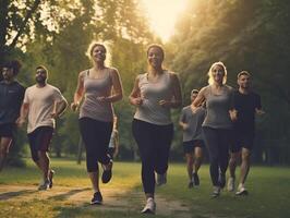 ai generativo grupo do multirracial pessoas segurando mãos corrida dentro a parque feliz amigos tendo Diversão juntos ao ar livre em pôr do sol pessoas e comunidade conceito foto