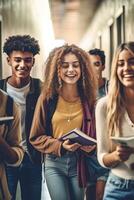 ai generativo grupo do multirracial alunos indo para escola juntos feliz jovem pessoas tendo Diversão dentro Faculdade campus rindo amigos caminhando ao ar livre Bolsa de estudos conceito foto