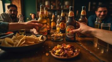 ai generativo grupo do pessoas tendo almoço às cervejaria Barra restaurante fechar acima vidro Cerveja em jantar mesa cervejaria e Comida conceito foto