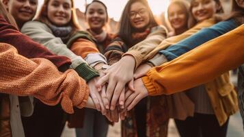 ai generativo grupo do jovem pessoas empilhamento mãos ao ar livre trabalho em equipe conceito com rapazes e meninas Apoio, suporte cada de outros Faculdade alunos em pé juntos lado de fora foto