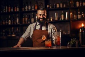 ai generativo bonito barman fazer coquetel às Boate feliz barman trabalhando atrás a Barra bebida vida estilo conceito foto