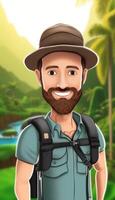 ai generativo bonito homem com mochila levando uma feriado selfie às tropical ilha Palmeiras dentro a fundo foto