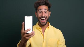 ai generativo bonito milenar homem levando uma selfie com Smartphone segurando e mostrando uma célula telefone com esvaziar Preto tela pessoas e tecnologia foto