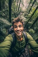 ai generativo bonito viajante levando uma selfie durante a excursão dentro uma floresta foto