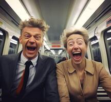 ai generativo feliz e animado casal levando uma selfie sentado em uma trem às período de férias conceito sobre transporte e feriados foto