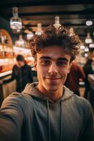 ai generativo feliz barman levando uma selfie jovem caucasiano homem é sorridente às a Câmera conceito sobre pessoas estilo de vida e tecnologia foto