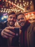 ai generativo feliz barman levando uma selfie jovem caucasiano homem é sorridente às a Câmera conceito sobre pessoas estilo de vida e tecnologia foto