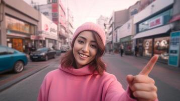 ai generativo feliz bonito menina levando uma selfie dentro a cidade conceito sobre pessoas tecnologia e estilo de vida foto