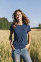 ai generativo feliz lindo mulher sorridente dentro uma trigo campo delicioso fêmea desfrutando horário de verão ensolarado dia lado de fora bem estar conceito com confiante menina rindo dentro a natureza foto