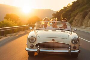 ai generativo feliz casal dirigindo conversível carro desfrutando verão período de férias amigos renda cabrio auto em feriado viagem liberdade viagem e transporte aluguel serviço conceito foto