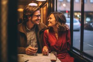 ai generativo feliz casal namoro às uma restaurante mulher dentro amor tendo uma conversação com dela namorado foto