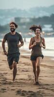 ai generativo feliz casal dentro amor desfrutando período de férias corrida em tropical de praia namorado e namorada tendo Diversão ao ar livre em verão feriado Férias e estilo de vida conceito foto