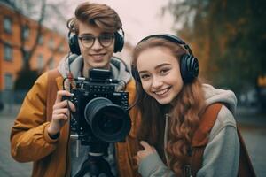 ai generativo feliz casal do blogueiros gravação uma vídeo preparando para postar dentro social redes foto