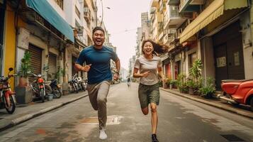 ai generativo feliz casal do turista segurando mãos estão corrida dentro a cidade às final de semana feriado turismo pessoas e feriados conceito foto