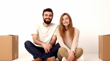 ai generativo feliz casal sentado do a chão comovente dentro a Novo casa usando a computador foto