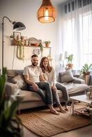 ai generativo feliz casal levando uma selfie às casa namorado e namorada comovente dentro a Novo casa pessoas Estado Novo casa conceito foto